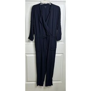 Madewell Novelist Crepe Jumpsuit Women's Small Navy Blue V-Neck Roll Tab Sleeve